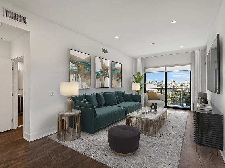 Living Room with Vinyl Flooring, Recessed Lighting, and Balcony
