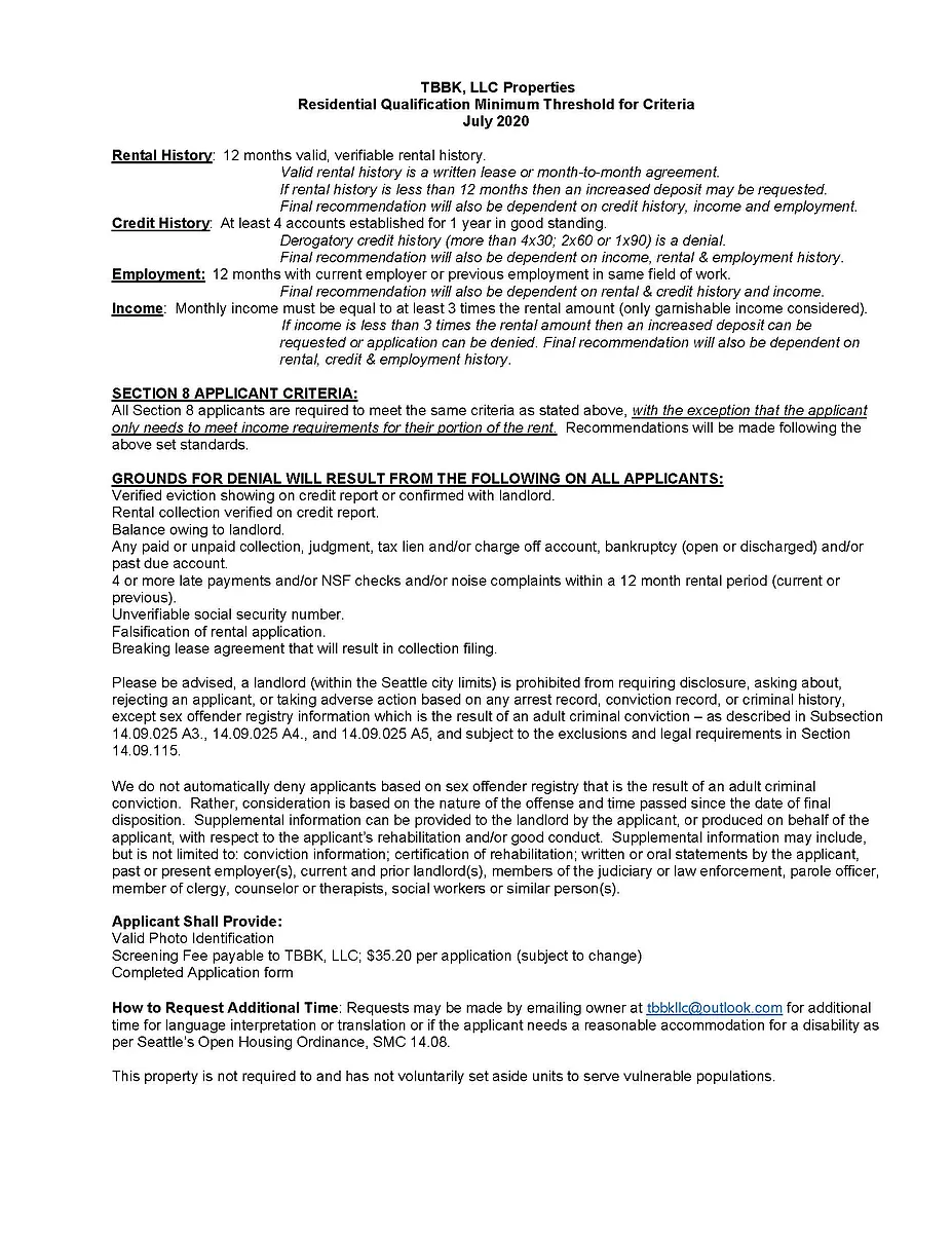 Rental Criteria - 1504 18th Ave