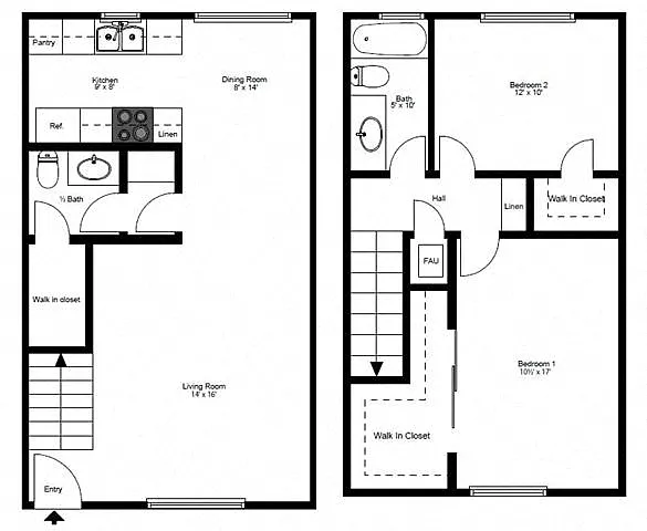 Floor plan 2 Bedroom 1.5 Bath Townhouse