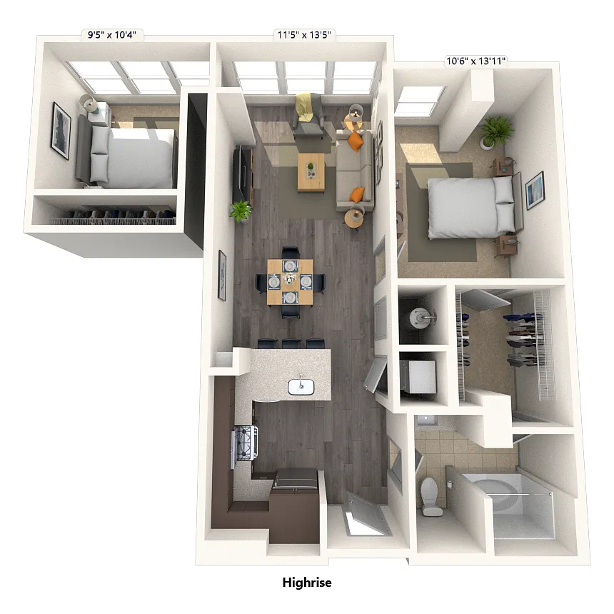 Floor plan High Rise Traditional 2x1 892 SF