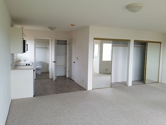 Standing in that same corner, you see the kitchen, the bathroom, the pantry, and the closets behind the mirrored doors.