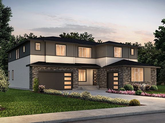 Two-story Pesaro plan shown in Elevation B with a three-car garage and a modern design.