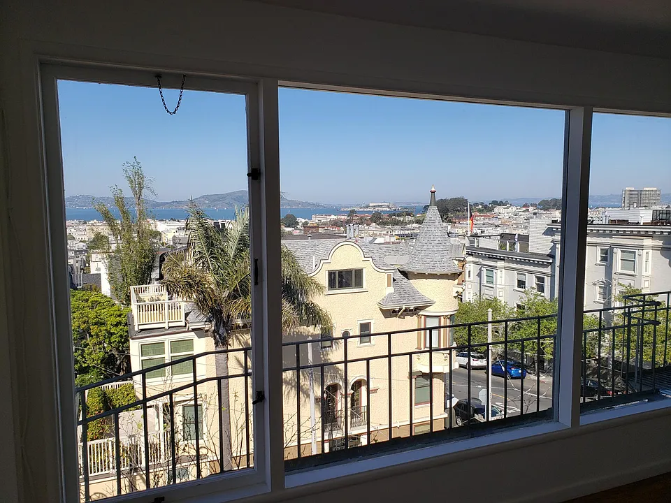 Close-up view from the living room facing east. Alcatraz is in the background.