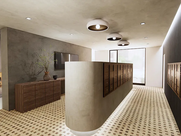 Mail room with 24/7 self-serve package lockers and cold storage.