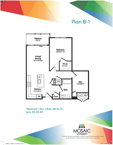 Floor plan One Bedroom One Bath Plus Den (B-1)