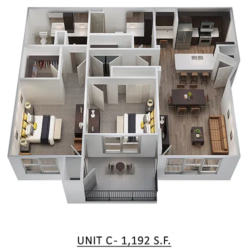 Floor plan 2 BED, 2 BATH (C) - 1192 SF