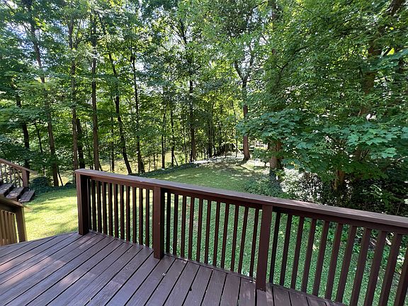 looking out back onto deck, lawn, trees and river