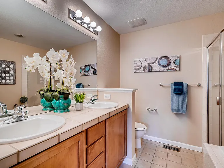 Large master bath with two sinks, shower, and separate tub.