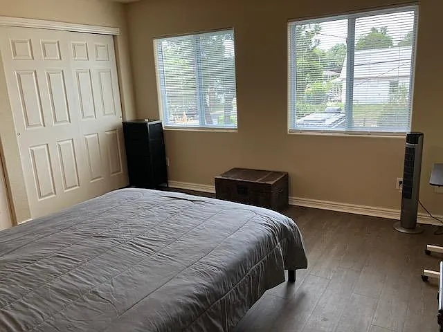 Spacious bedroom with a large closet, two wide windows, and durable wood-look flooringideal for easy move-in living.