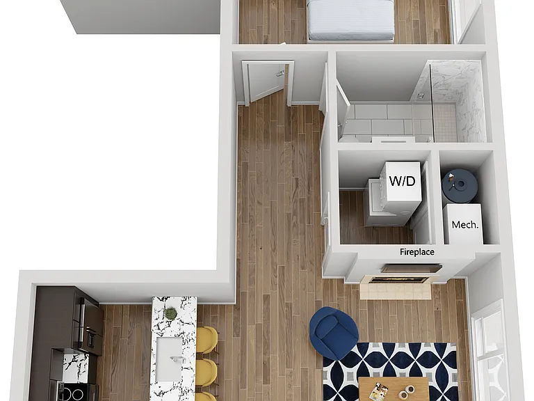 Explore this chic apartment layout with contemporary design and open living area. Explore this chic apartment layout with contemporary design and open living area.