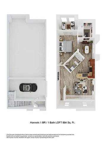 Floor plan Hannoki - One Bedroom/One Bath 884 Sq Ft