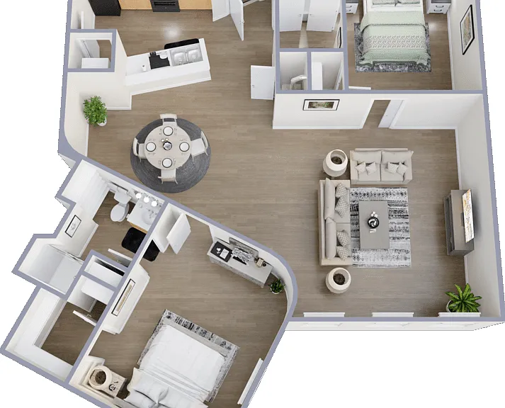 2 Bed 2 Bath H Floorplan Diagram