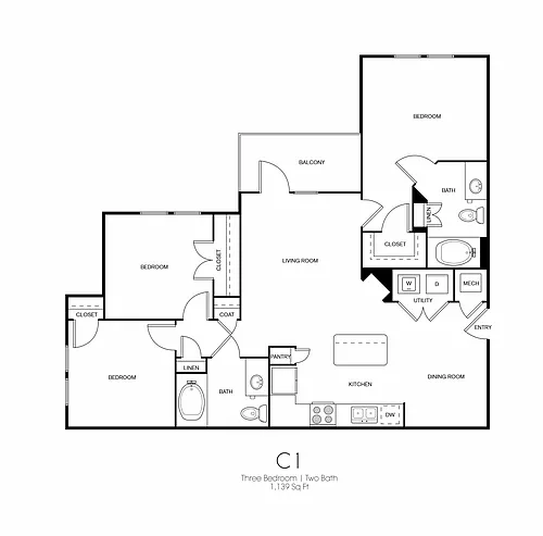 Floor plan C1 | 3 Bed | 2 Bath | 60