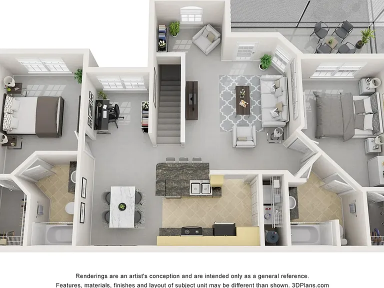 A 3D floor plan rendering of The Milan.