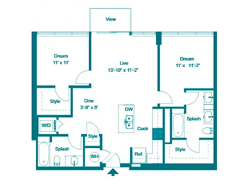 Floor plan Two Bedroom Two Bath (1034 SF)