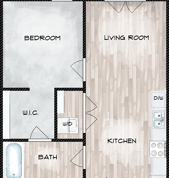 1 Bed 1 Bath Floorplan Diagram