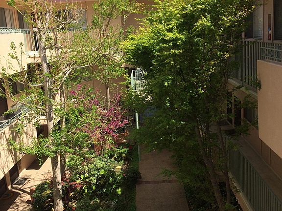 Courtyard landscaping provides beauty and color.