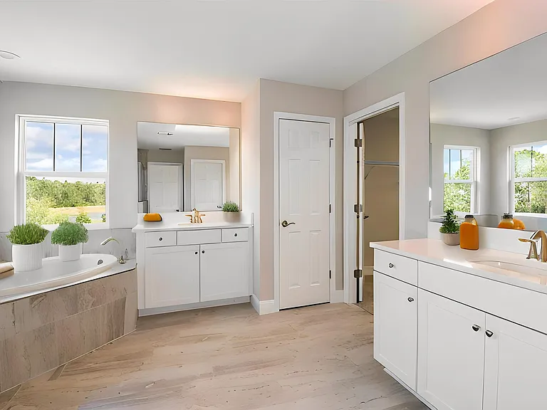Master bathroom with walk in shower, tub, double sink, separate toilet room, and walk-in closet.