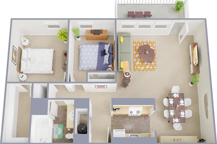 2 Bed 1 Bath Floorplan Diagram