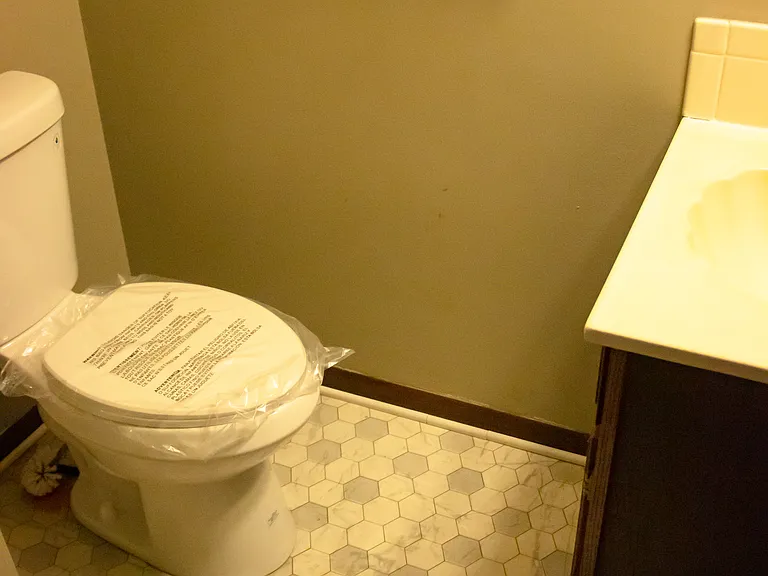 Downstairs bathroom with new toilet.