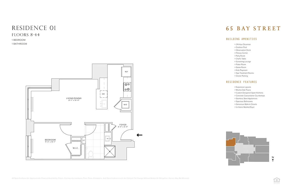 Floor plan 1 BR 1 BA Res 01 & 09: FL 8 - 44