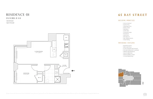 Floor plan 1 BR 1 BA Res 01 & 09: FL 8 - 44