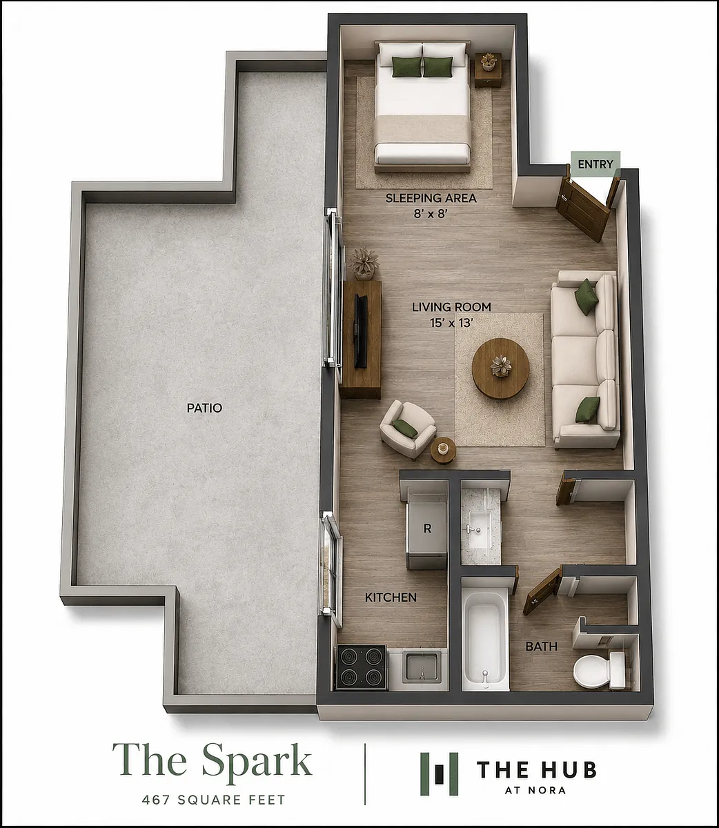 Floor plan Studio Suite with Patio/Balcony - The Spark