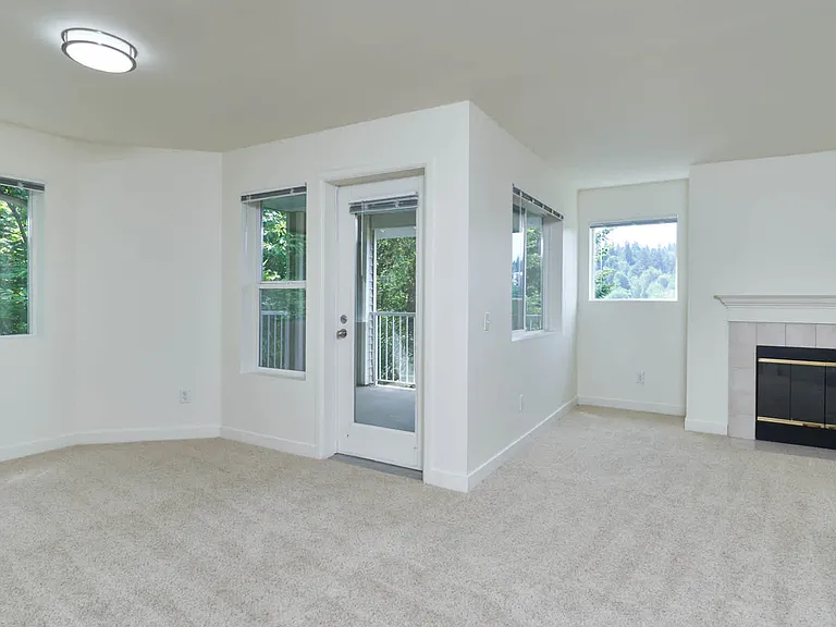 Carpeted Living Room with Balcony and Fireplace