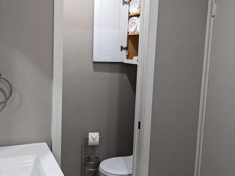 A pocket door separates the toilet area in the Master bathroom.
