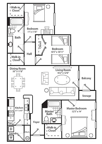 Floor plan Three Bedroom Two Bathroom 60%
