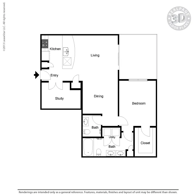 Floor plan A7 1 bedroom, 2 bath, study