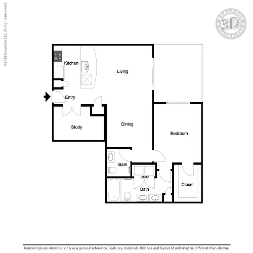 Floor plan A7 1 bedroom, 2 bath, study