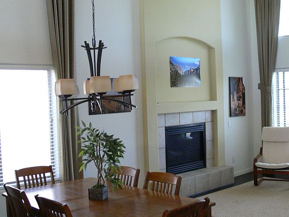 Dining area with fireplace view