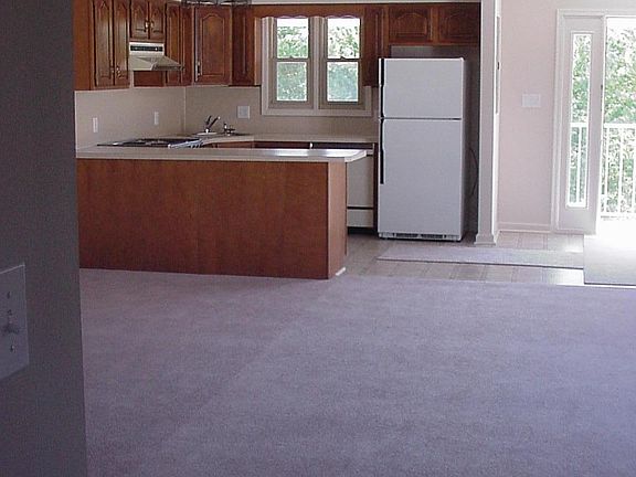 view from living room/dining room into kitchen and front door