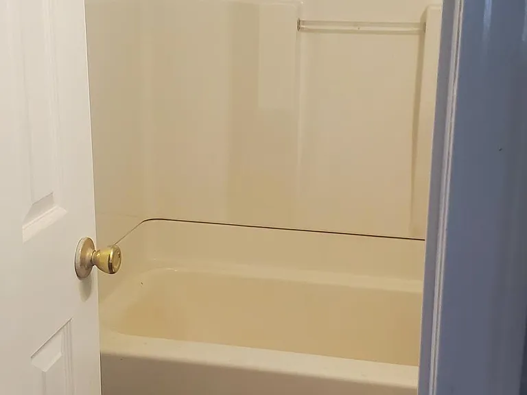 Hallway bathroom with linen closet behind door