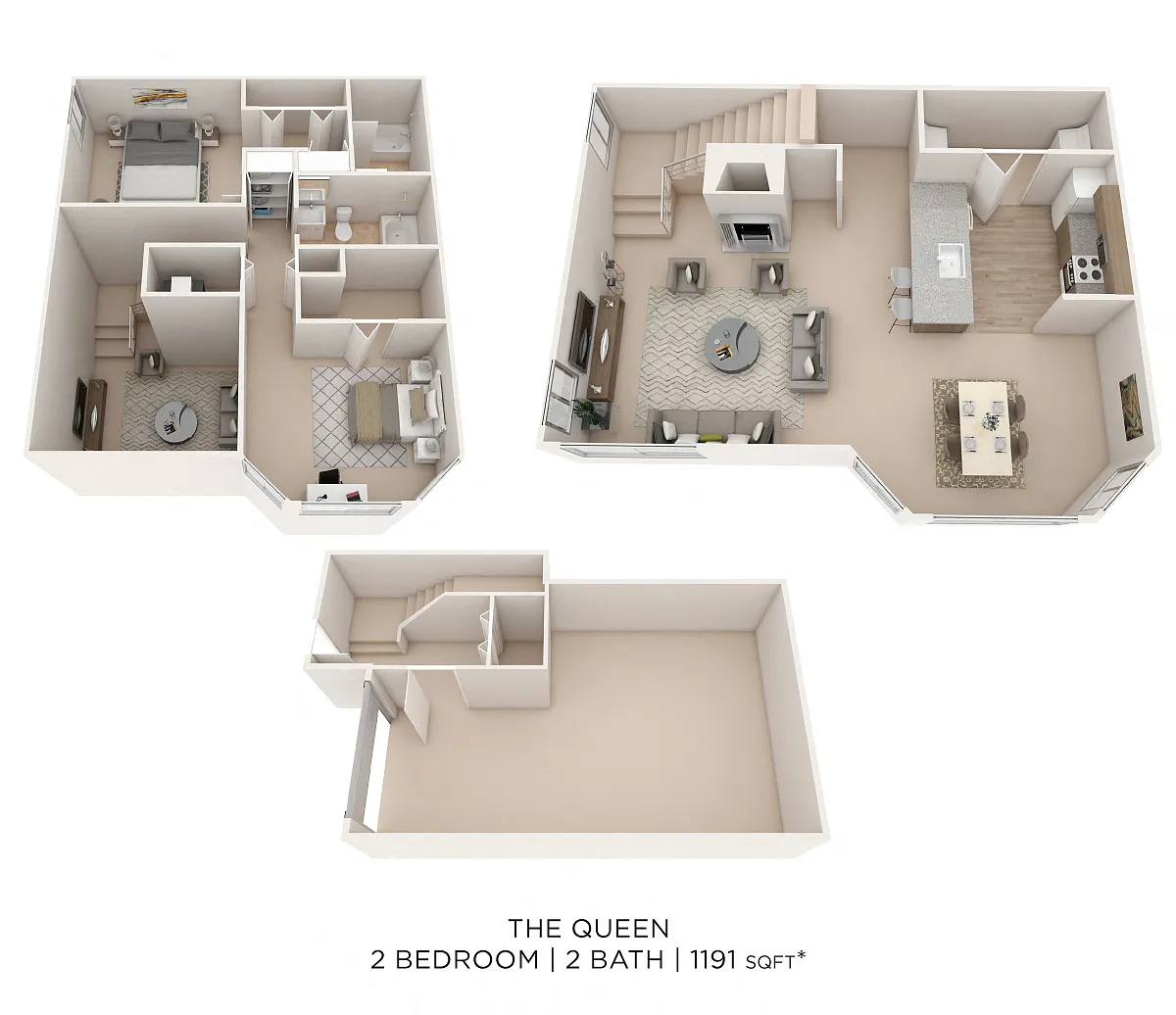 Floor plan Two Bedroom 2 Bath Townhome - 1,191 sqft