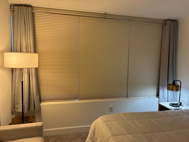 Well, down shades and blackout curtains in both rooms