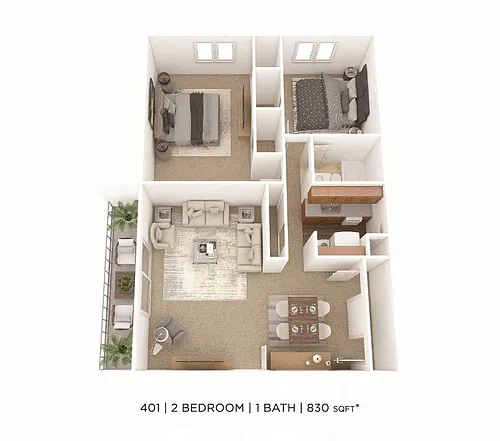 Floor plan Two Bedroom- 830 sqft