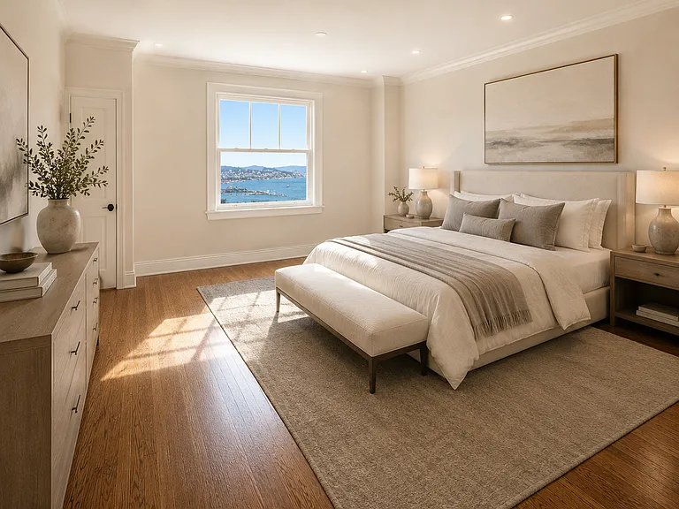 Unit #504 enormous primary bedroom with JAW DROPPING BAY VIEWS and recessed can lighting!