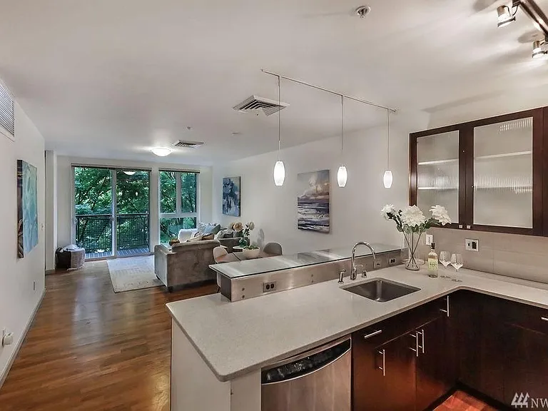 View of the living area and kitchen