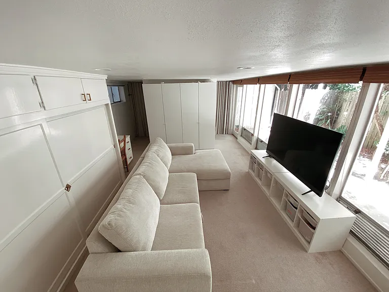 Flexible lower level living space with pull out sofa bed