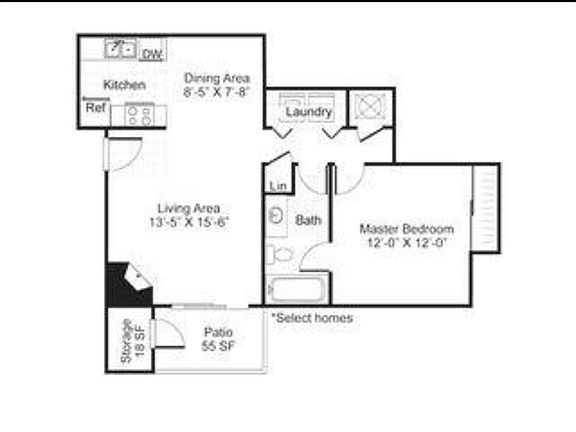 Floor Plan of 1 Bed/Bath. 743 Square Ft.