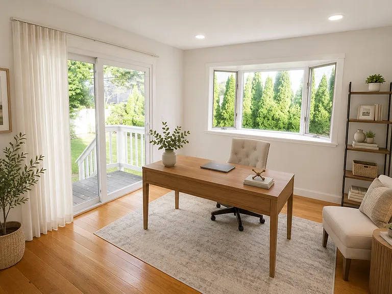 Bedroom #5 offers the perfect office or flex-space setup, filled with natural light and featuring double sliding glass doors that open directly to the fully fenced backyard