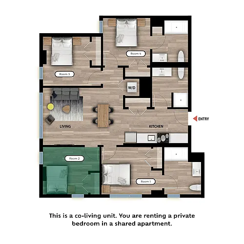 Floor plan Private Bed in a 4 Bed 3 Bath B - RM2