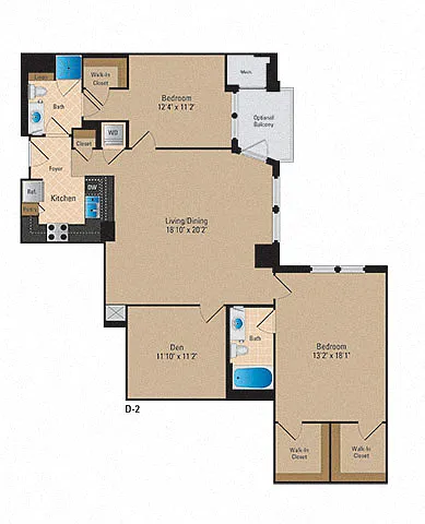Floor plan 2 Bedroom + Den, 2 Bath 1429 SF BD9