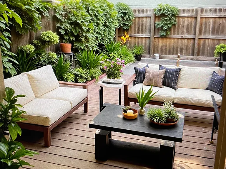 Fenced backyard with trex deck with pergola virtually staged.