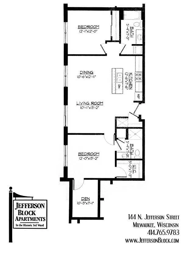 Floor plan 2 Bed / 2 Bath + Den - 1,146 SF