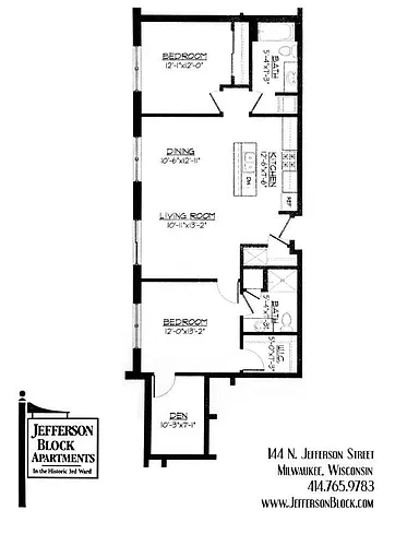 Floor plan 2 Bed / 2 Bath + Den - 1,146 SF