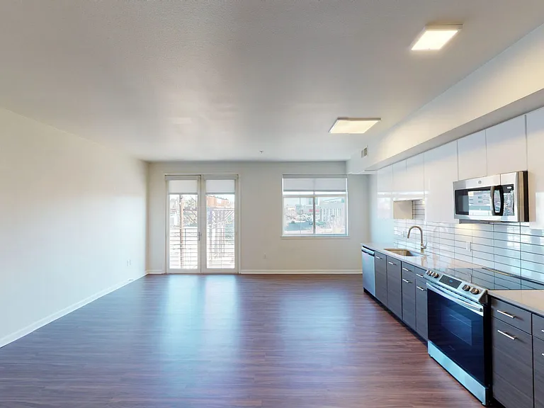 Apartment kitchen with stainless steel appliances, dining and living room with wood-style flooring and patio or balcony in select homes.