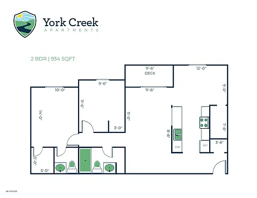 Floor plan 2 Bed, 1.5 Bath - 934 sq ft
